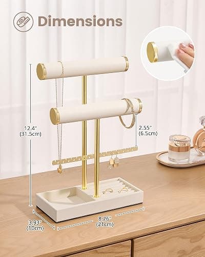Lolalet 3 Tier Jewelry Stand Holder, Bracelet Necklace Display -Beige | PU Leather Hanging Jewelry Rack with Storage Tray, Ring Watch Bangle Earring Organizer, Gifts Dorm Room Decor for Women Girls thumbnail 3