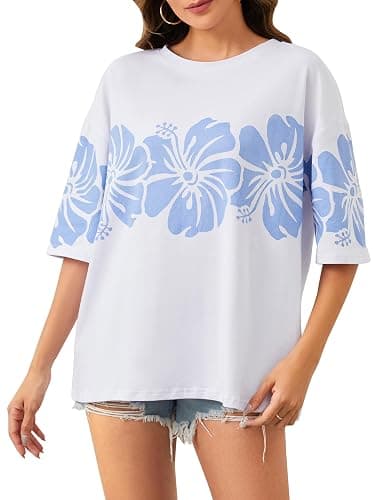 Anoumcy Cotton Oversized Hibiscus Tee Shirt for Women Floral Graphic Hawaiian T Shirts Casual Summer Vacation Loose Tops thumbnail 3