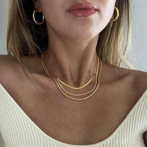 DEARMAY 14K Gold Plated Necklaces for Women, Dainty Gold Herringbone Choker Necklace Thin Layered Snake Chain Jewelry for Gifts thumbnail 3