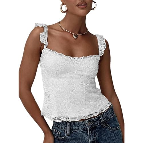 Women Lace Tank Top Vintage Floral Cap Sleeve Crop Tops Sheer Going Out Tops - Image 1