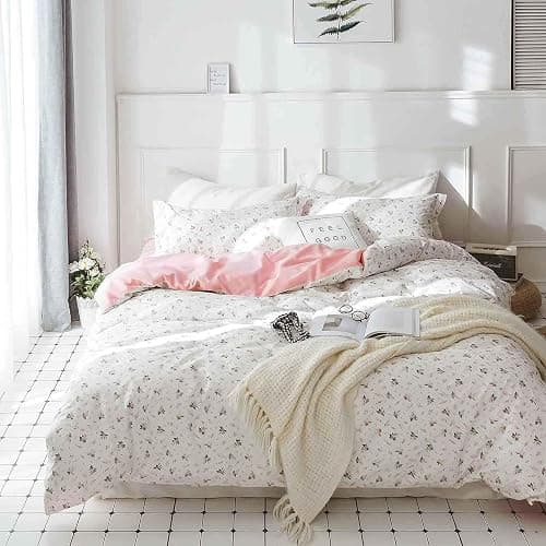 Faincy Floral Twin Size Comforter Set, Pink White Flower Leaf Pattern Printed Preppy Reversible Alternative Bed Sets - 68 x 90 2PC Soft Microfiber Duvet Vintage Bedding in a Bag for Women Girls thumbnail 2