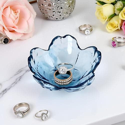 BIHOIB Crystal Blue Flower Ring Dish Jewelry Tray, Decorative Glass Trinket Dish, Modern Accent Tray for Vanity thumbnail 5
