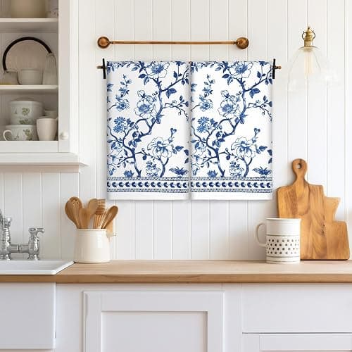 HunnmingRe 2 Pcs Chinoiserie Floral Kitchen Towels Blue White Flowers Dish Towels 18 x 28 Inch Vintage Farmhouse Cottage Decor Toile De Jouy Dish Microfiber Hand Drying for Bathroom French Country thumbnail 2
