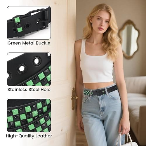 SNCEAW Studded Belt, Metal Punk Rock Rivet belt with Bright Pyramid Studded for Women Men thumbnail 4