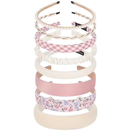 LYroo Headbands for Women Girls Non Slip - 8 Pack Wide Padded Headband Cute Floral Headbands Fashion Pearl Beaded Thin Head Bands Trendy Hair Accessories(White & Pink) - Image 1