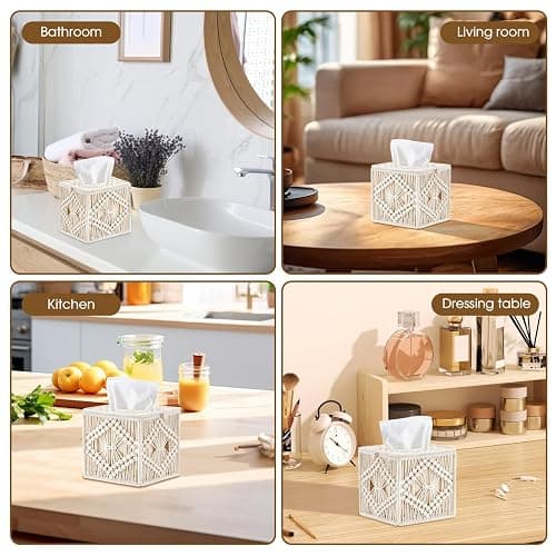MEETOZ Tissue Box Cover Square, Woven Macrame Napkin Facial Paper Organizer, Boho Decor Tissues Holder for Bathroom Bedroom Dresser Living Room Office thumbnail 7