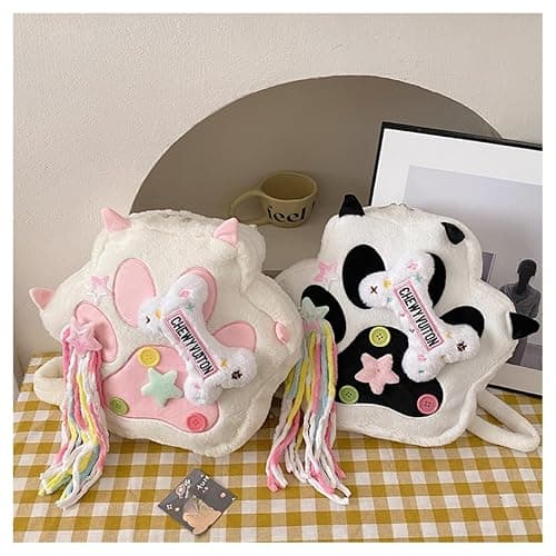 Kawaii Cat's Paw Shaped Plush Backpack With Stars and Tassels for Women Cute Y2K Furry Pentagram Bag Large Capacity (Pink) thumbnail 3