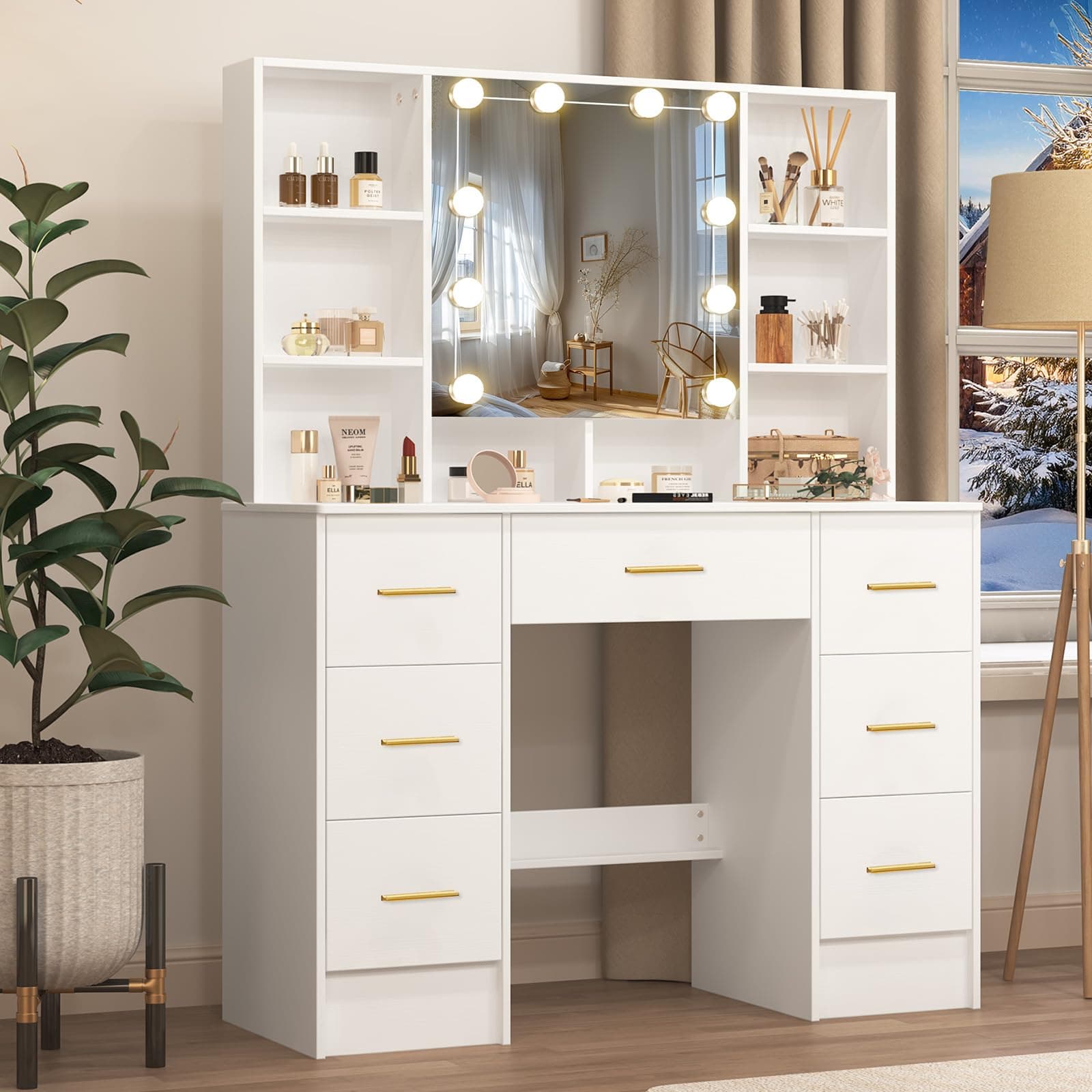 Umeiga Large Vanity Table, Vanity Desk with Sliding Mirror and Lights, 3 Adjustable Light Modes, 7 Drawers 8 Open Shelves, 3 Hidding Shelves, Makeup Desk with Metal Handles for Girls and Women, White - Image 1