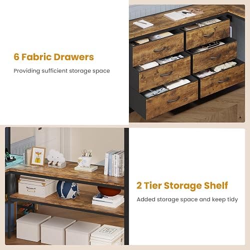 ADORNEVE Loft Bed Full Size with U-Shaped Desk, 6 Drawers, Rustic Brown | Metal Loft Bed with Power Outlet, LED Light, 2 Storage Shelves, Safety Guardrail & Ladders, No Box Spring Needed thumbnail 5