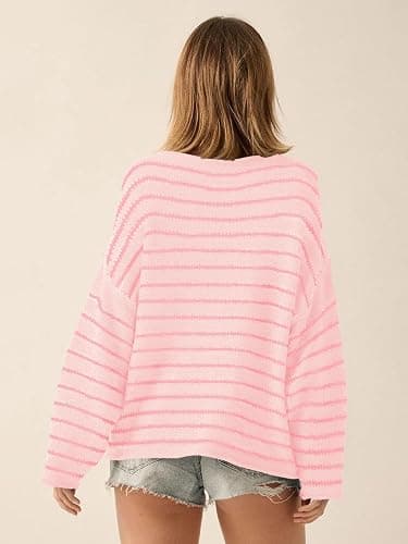 Outfeel Women's Oversized Striped Fuzzy Pullover Top Long Sleeve Round Neck Dropped Shoulders Sweater S-XL thumbnail 4