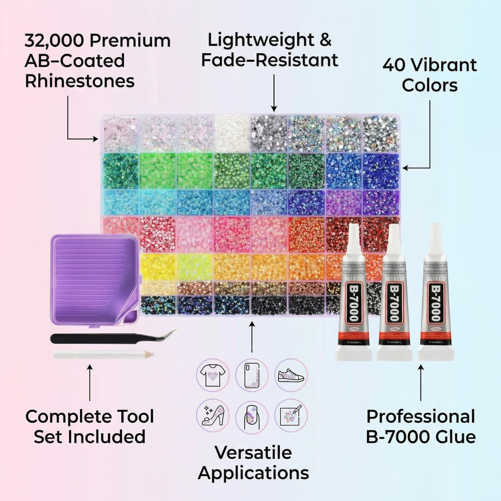 32,000Pcs Jelly Resin Bedazzling Kit 3mm Rhinestones for Crafts, 40 Color Bedazzling Kit with 3Pcs B7000 Glue for Clothing, Shoes, Nail, Book, Tumblers, Diamond Art thumbnail 6