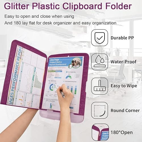 Glitter Clipboard with Storage,Storage Clipboard with Pen Holder,A4 Binder Clip Boards 8.5x11 with Low Profile Clip,Side Opening Sparkle Clipboards,Clipboards Folder for Office Supplies-Purple Alfalfa thumbnail 5