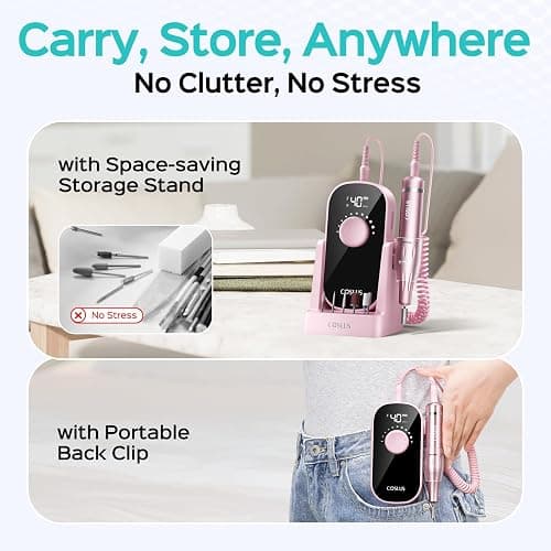 COSLUS Professional Rechargeable Electric Nail Drill 40000 RPM, Portable Nail File with Storage Stand for Acrylic Gel Polishing Removing - Easy to Use for Women, Manicure at Home DIY or Salon, Pink thumbnail 6