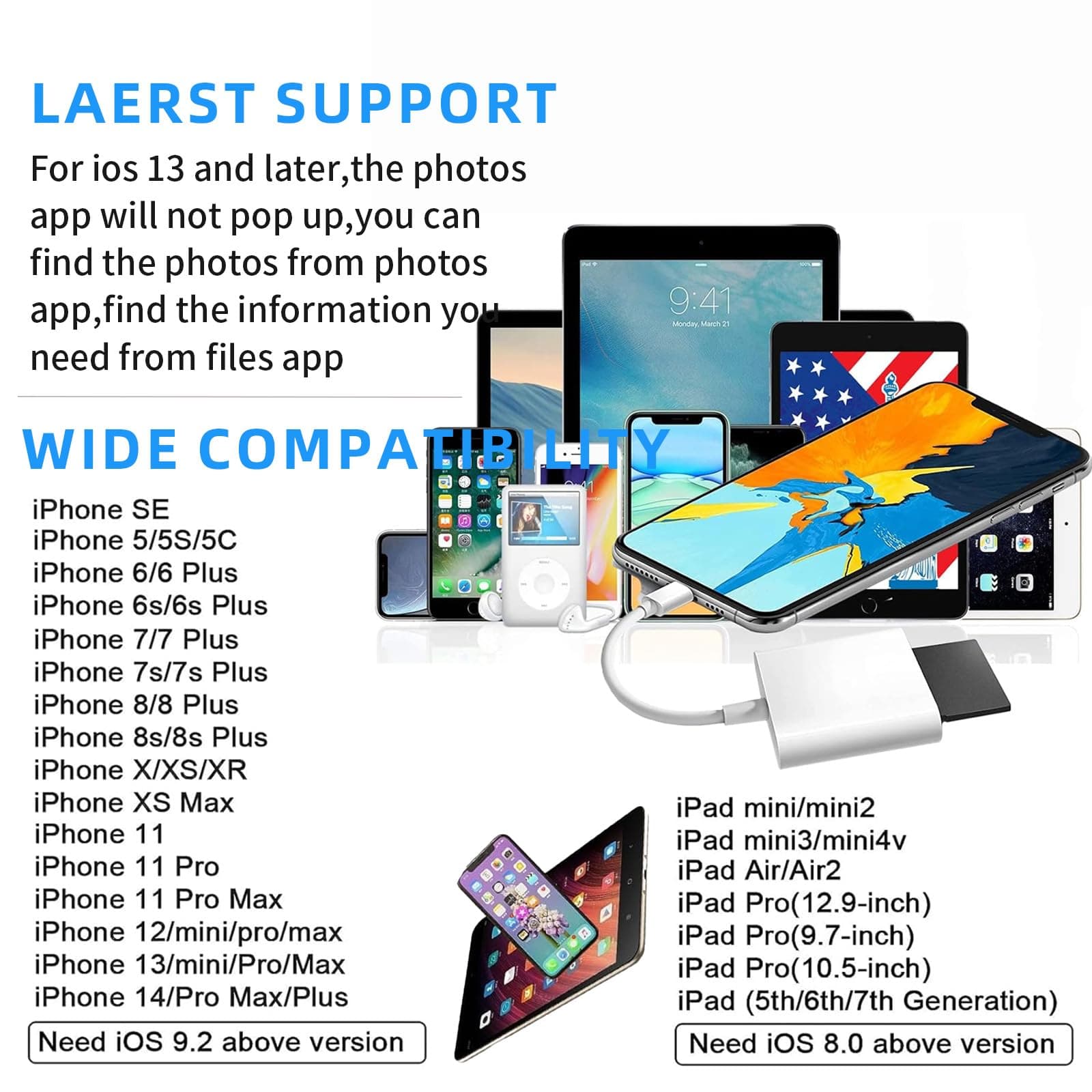 Apple Lightning to SD/TF Dual Card Slot Reader for iPhonePad, SD Card Reader for iPhone 2 in 1 Micro SD/TF Memory Card Adapter,Apple Lightning to SD & TF Card Reader to Phone thumbnail 6
