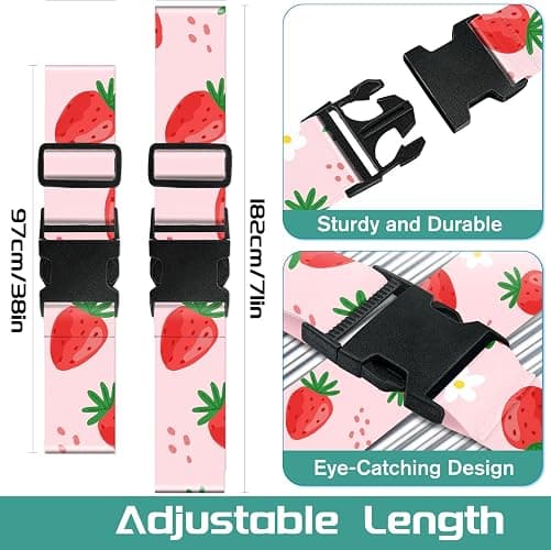 Slohif Luggage Straps for Suitcases Travel Belt Accessories Luggage Connector Identifiers 2 Pack Over Handle with Buckle Unique Nylon Adjustable Strap for Sleeping Bag Car Seat Lovely Strawberry thumbnail 2