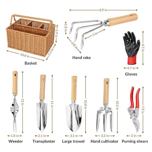 SOLIGT Garden Tools Set with Basket, Heavy Duty Stainless Steel Gardening Hand Tool with Wood Handle, Pruning Shears, Gloves - Perfect Gardening Gifts Planting Supplies for Women Men thumbnail 3