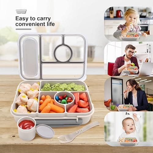 Amathley Bento Box Adult Lunch Box Kids,Lunch Containers for Adults/Kids/Toddler,5 Compartments Bento Lunch Box with Sauce Vontainers,Microwave & Dishwasher & Freezer Safe,BPA-Free (White) thumbnail 4