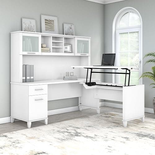 Bush Furniture Somerset 72W 3 Position Sit to Stand L Shaped Desk with Hutch in White | Adjustable Height Table for Home Office thumbnail 2