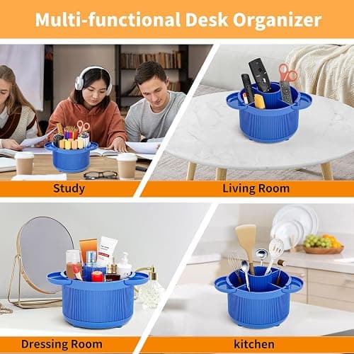360 Degree Rotating Desk Organizer, Pencil Pen Holder with 5 Compartments and Tray Accessories, Desktop Supplies Organizers, Smooth Rotating Pen Holder Apply for Home, Office, School (Dark Blue) - Dark Blue thumbnail 7