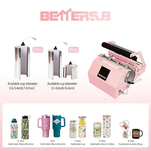 BetterSub 3in1 40 OZ Tumbler Mug Heat Press Machine 30 OZ 20 OZ 16 OZ Sublimation Straight Skinny Tumbler Mug,11 OZ 15 OZ 16 OZ Sublimation Mug Heat Transfer Pink thumbnail 2