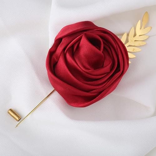 Faux Silk Rose Men Suit Boutonniere, Artificial Flower & Golden Leave Brooch Lapel Pin for Groom Groomsman Wedding Prom Dance Homecoming Party thumbnail 3