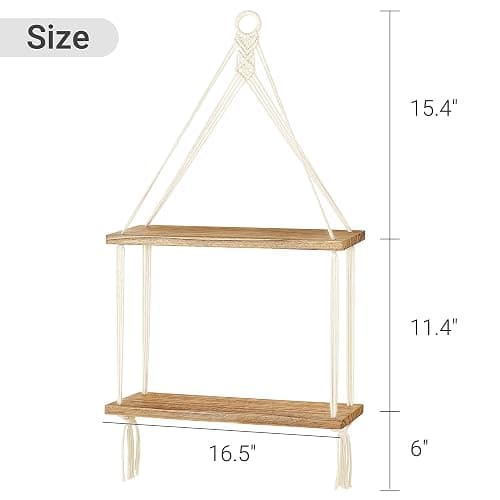 Mkono Macrame Hanging Shelf Boho Wall Decor 2 Tier Handmade Cotton Rope Rustic Wood Floating Shelves Display Photos Plants Hanging Storage Shelving for Living Room Nursery Bathroom Bedroom thumbnail 3