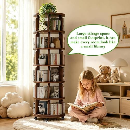 Azlafu 6 Tier 360° Rotating Solid Wood Bookshelf with Wheels, Lazy Susan Circular Spinning Revolving Corner Bookcase, Freestanding Storage Shelf for Bedroom Small Space, Walnut thumbnail 5