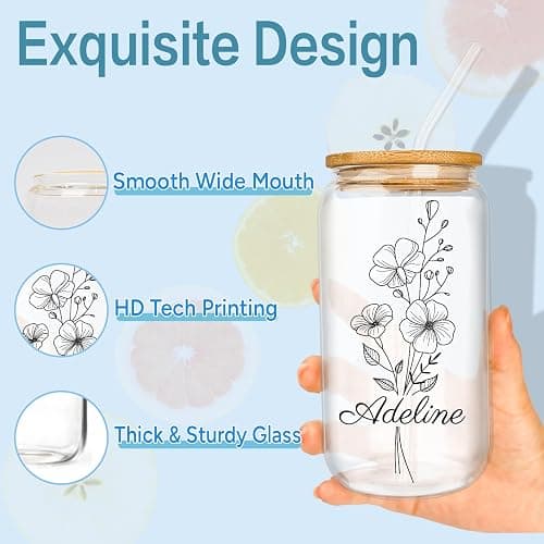 Custom Glass Cup With Birth Flower - 16 Oz Personalized Tumbler With Lid and Straws - Anniversary Birthday Gifts for Women, Bridesmaids, Mom, Girlfriend thumbnail 6