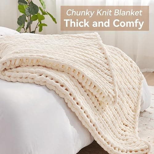 Negwoo Chunky Knit Throw Blanket, 50''*60'' Knitted Throw Chenille Yarn for Bed Couch, Handmade Cream Crochet Big Thick Blanket, Machine Washable Cute Comfy Blanket for Home Decor thumbnail 4