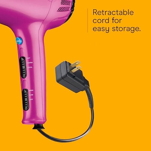 Conair Hair Dryer with Retractable Cord, 1875W Blow Dryer, 3 Heat Settings, 2 Speeds, Blow Dryer with Diffuser and Concentrator Attachments, Ionic + Tourmaline Technology, Pink thumbnail 6