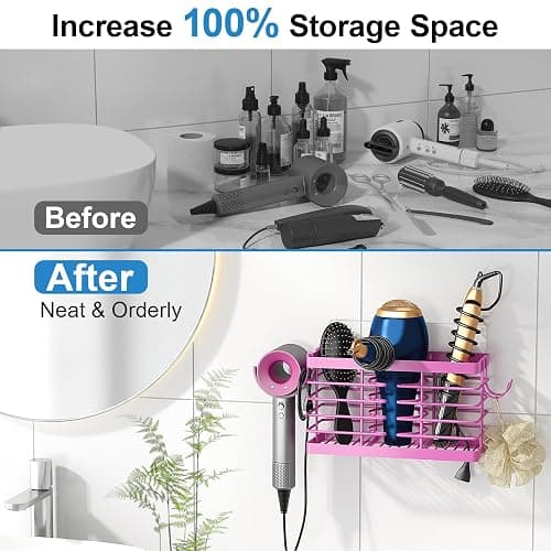 Sevenblue Hair Tool Organizer, 3-in-1 Universal Hair Dryer Holder, Adjustable Height Metal Blow Dryer Holder Wall Mounted/Over Cabinet Door/Free-Standing (Pink) thumbnail 4