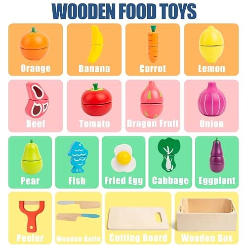 32 Pcs Wooden Play Food Sets for Kids Kitchen Accessories, Montessori Educational Toys Food, Pretend Play Food for Toddlers, Velcro Fruits and Vegetables Cutting Set for Kids Boys Girls thumbnail 6
