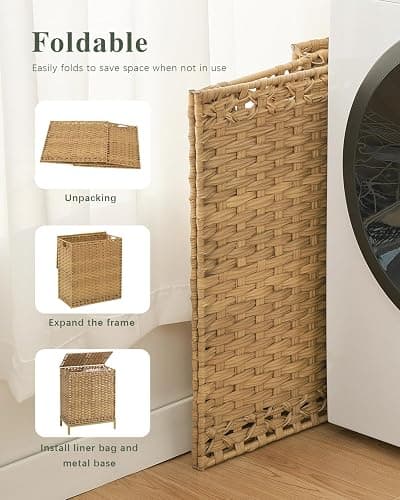 SETVSON Laundry Hamper with Lid, 112 L Handwoven Rattan Wicker Laundry Basket, 2 Removable Liner Bags Metal Heightened Feet, 6 Mesh Bags, 2 Section Large Clothes Hamper for Bathroom Bedroom, Natural thumbnail 6