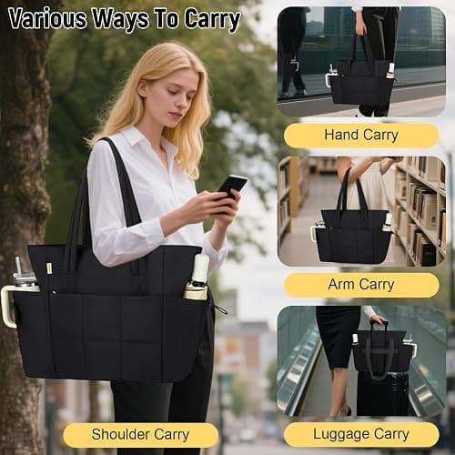 Sambois Puffer Tote Bag with Large Cup Holder& 15.6 Inch Laptop Compartment, Lightweight Puffy Work Bag with Water Bottle Pocket, Large Laptop Tote with Clutch Purse for Commuter Teacher Nurse (Black) thumbnail 7
