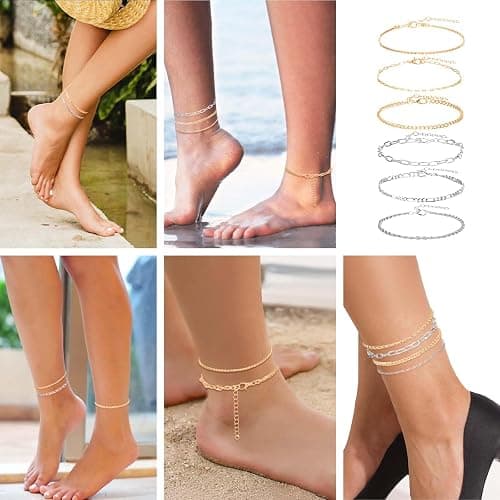 KFHENSOMR 12pcs Gold/Silver Ankle Bracelets for Women Layered Waterproof 14k Cuban Link Chain Anklets Set Adjustable Dainty Summer Beach Gold Accessories Boho Bracelet Jewelry thumbnail 3