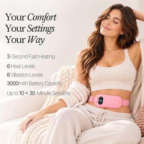 Portable Heating Pad for Period Cramps: 6 Heat Levels & 6 Massage - Cordless Electric 3s Fast Heating Belly Wrap Belt for Menstrual, Back Pain Relief - A Gift for Women Girls Her Pink thumbnail 2