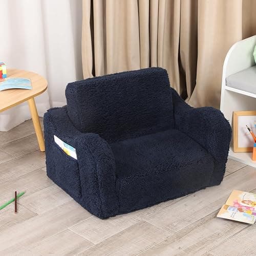 MOMCAYWEX Kids Sofa, 2-in-1 Flip-Out Foam Couch with Soft Sherpa Cover, Cozy Play Lounge Chair, Dark Blue thumbnail 4