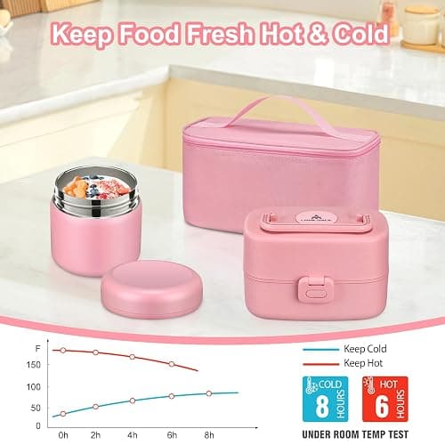 Pawtong Bento Lunch Box with 8oz Soup Thermo, Kids Sustainable Bento Box Leakproof Lunch Food Containers with Lunch Bag, Kids Thermo Insulated Hot Food Jar for School, Trvael (Pink) thumbnail 7