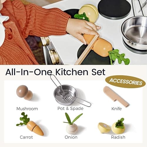Tiny Land Toddler Kitchen Playset, Wooden Play Kitchen Set Toy with Cutting Food & Cookware, Oven, Clicking Knobs, Stove and Sink, Small Toy Kitchen Gift for Kids, Girls & Boys - Cream thumbnail 3
