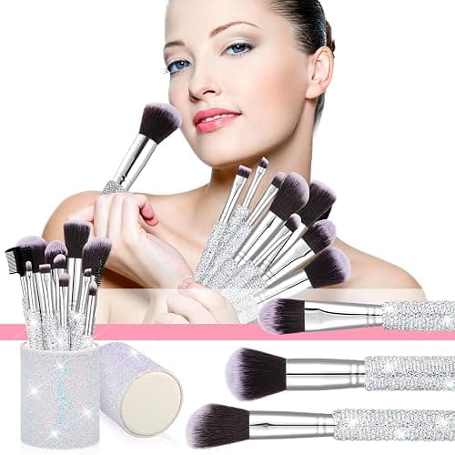 Nuogo 13 Pcs Rhinestone Makeup Brushes Set 12 Bling Crystal Professional Face Cosmetics Blending Liquid Foundation Powder Concealer Eye Shadows Make up Beauty Tool Glitter with 1 Holder thumbnail 6
