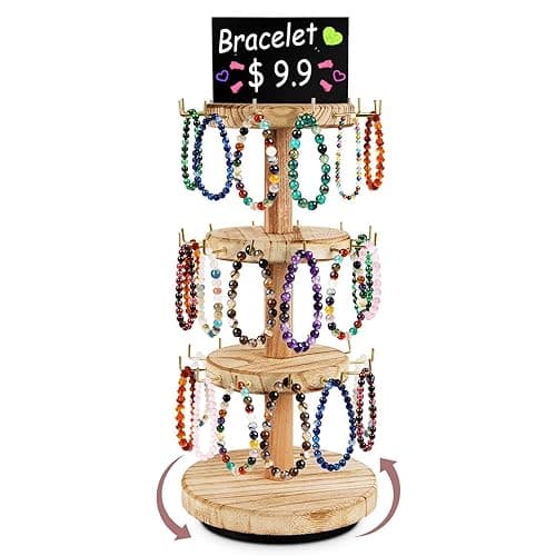 FoToxi 3 Tier Bracelet Holder,Wooden Rotating Bracelet Display Stand with 36 Hooks and Tray,360°Rotating Jewelry Holder Organzier for Bracelet, KeyChain, Necklace, Jewelr - Image 1