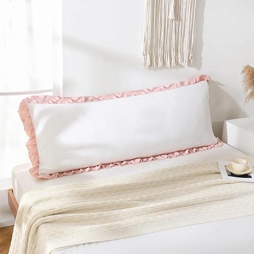 Merryword Pink Body Pillow Cover 20x54inches White and Pink Reversible Long Pillowcase Ruffled Body Pillowcases Cute Pillowcase Pillow Sham (1 Body, White Pink) - Image 1