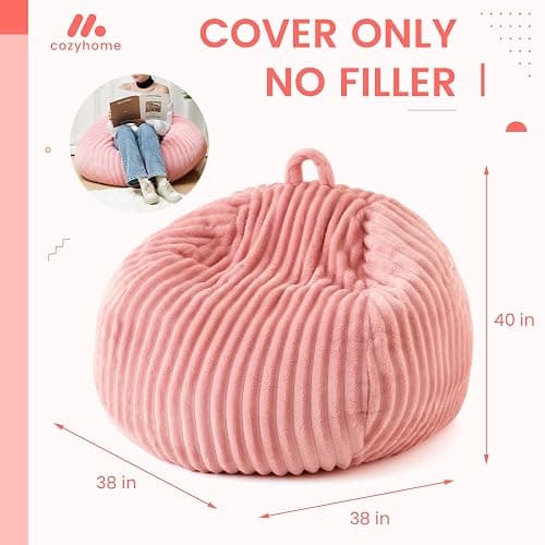 Honeydak Ribbed Rabbit Fur Stuffed Animal Storage Bean Bag Chair Cover (No Filler) Comfy Bean Bag Cover Without Filling or Home Bedroom Decor Organizing Plush Doll Textile Holder(Pink,L) thumbnail 2