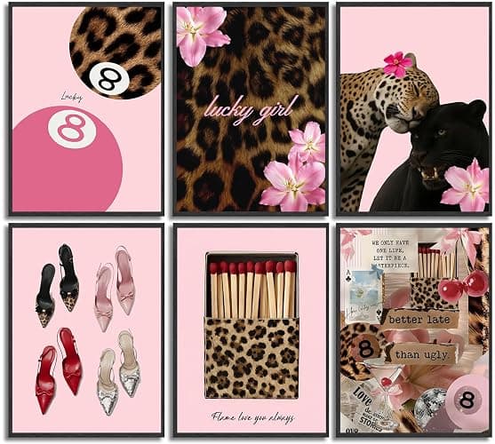6Pcs Trendy Pink Leopard Canvas Wall art Preppy Y2K Posters Print Artwork Fashion Cheetah Flowers Painting Pictures Wall Decor for Girls' Room Dormitory Apartment Home Decoration 8x10in Unframed - Image 1