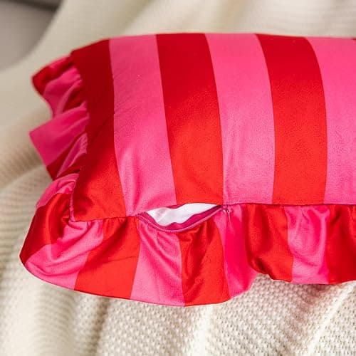vctops Ruffle Square Throw Pillow Covers Boho Pink and Red Striped Decorative Pillowcases Set of 2, Soft Velvet Accent Cushion Cover Cases for Sofa Bed Living Room Decor (Pink,18"x18") thumbnail 3