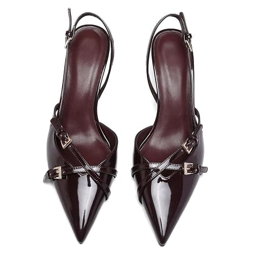 Riekhany Heeled Slingback Kitten Heels for Women Closed Pointed Toe Pumps with Buckles thumbnail 2