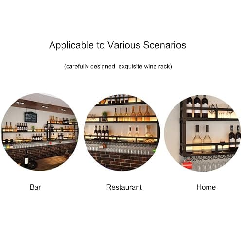 Metal Bar Shelves Wine Rack Wall Mounted Liquor Bottle Display Shelf with Wine Glass Rack and LED Light Kitchen Racks for Wine Bottles Floating Bar Mini Bar for Home Bar Restaurant Cafe Kitchen(Black, thumbnail 7