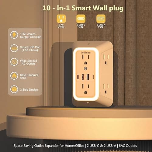 Wall Outlet Extender with Night Light, Power Plug Adapter 6 Outlet Extender with 4 USB Charging Ports 1050J Power Strip Multi Plug Adapter Spaced for Home Travel Office (2U2C)-ETL thumbnail 5