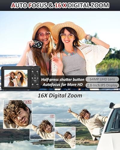 4K Digitalkamera,2.8 Zoll 64MP UHD Fotokamera mit 32-GB-Karte, 1200mAh Akku, 16-facher Digitalzoom Autofokus Kompaktkamera für Kinder Anfänger Teenager thumbnail 3