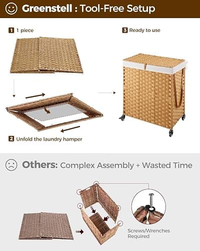 Greenstell Laundry Hamper with Wheels, No Install Needed, 110L Divided Handwoven Hampers & 2 Removable Liner Bags, Synthetic Rattan Clothes Laundry Basket with Lid & Handles, Foldable Hampers Natural thumbnail 7
